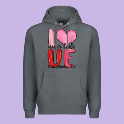 Love Never Fails Valentine S Day Premium Hoodie Designed By Maliassmallbusiness