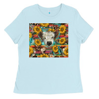 Baby Blue white Scottish calf and sunflowers Ladies Tee - BarkalooDesign