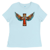 Baby Blue our lady of guadalupe cross with wings Ladies Tee - BarkalooDesign