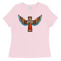 Bubblegum Pink our lady of guadalupe cross with wings Ladies Tee - BarkalooDesign