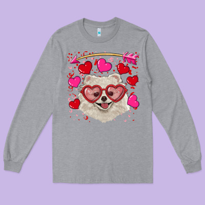 Long Sleeve Tee valentine's day white pomeranian