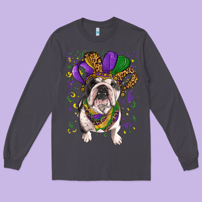 Long Sleeve Tee mardi gras hat  english bulldog