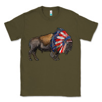 Army Green american bison with indian headdress Classic Tee - RanaPortraitStore