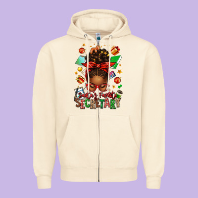 Santa's Favorite Secretary Afro Messy Bun Zipper Hoodie Designed By Texasbilliewilder