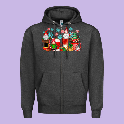 Christmas Gnomes Coffee Cups Zipper Hoodie Designed By Texasbilliewilder