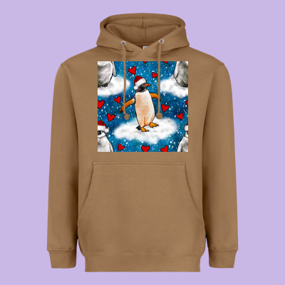 Christmas Penguin And Heart Seamless Pattern Heavyweight Hoodie Designed By Bundleandbundleshop