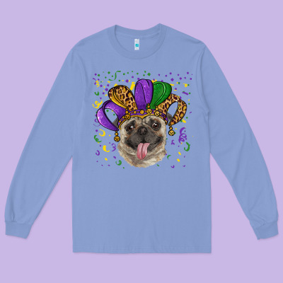 Long Sleeve Tee mardi gras hat pug
