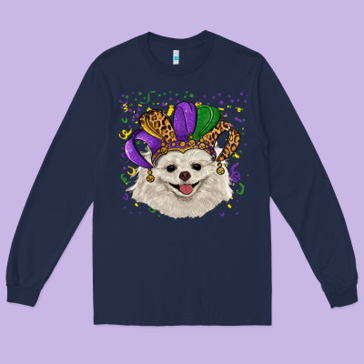 Long Sleeve Tee mardi gras hat white pomeranian