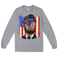 Heather Grey American flag with lincoln Long Sleeve Tee - texasbilliewilder