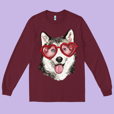 Long Sleeve Tee husky with love glasses