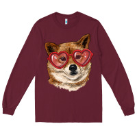 Burgundy shiba inu with love glasses Long Sleeve Tee - RanaPortraitStore