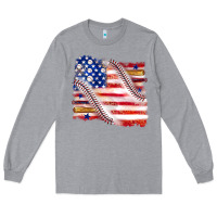 Heather Grey baseball american flag Long Sleeve Tee - texasbilliewilder