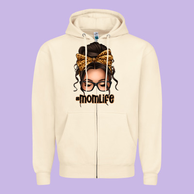 Caucasian Leopard Messy Bun Mom Life Zipper Hoodie Designed By Texasbilliewilder