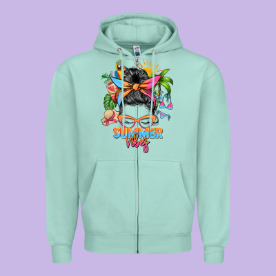 Summer Vibes Messy Bun Zipper Hoodie Designed By Zillion Design Studio