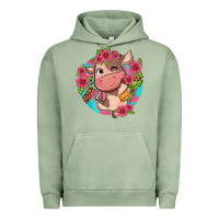 Pigment Oil Green cute cow pink flowers and leopard pattern Urban Hoodie - NancyCooperArtShop
