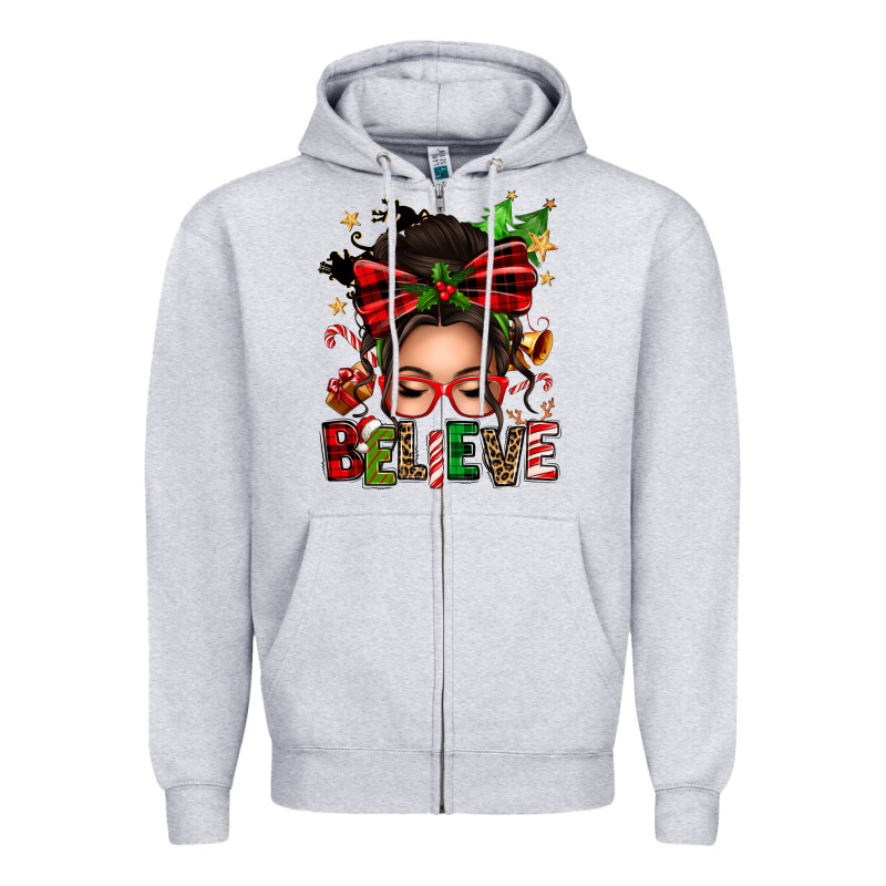 Christmas Believe Afro Messy Bun Zipper Hoodie by texasbilliewilder | Teevron