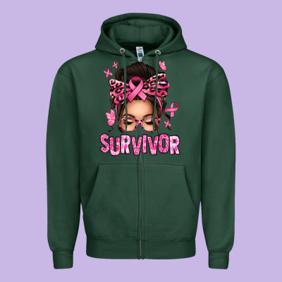 Breast Cancer Survivor Afro Messy Bun Zipper Hoodie Designed By Texasbilliewilder