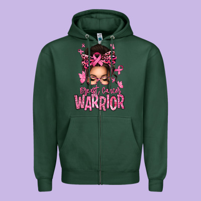 Brest Cancer Warrior Afro Messy Bun Zipper Hoodie Designed By Texasbilliewilder