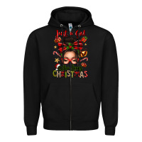 Black just a girl who loves christmas afro messy bun Zipper Hoodie - texasbilliewilder