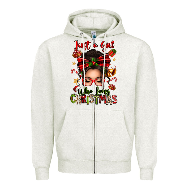Just A Girl Who Loves Christmas Afro Messy Bun Zipper Hoodie by texasbilliewilder | Teevron