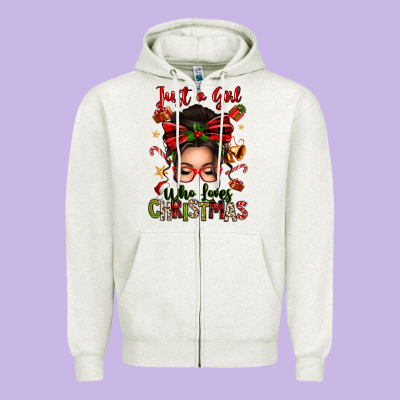 Just A Girl Who Loves Christmas Afro Messy Bun Zipper Hoodie Designed By Texasbilliewilder