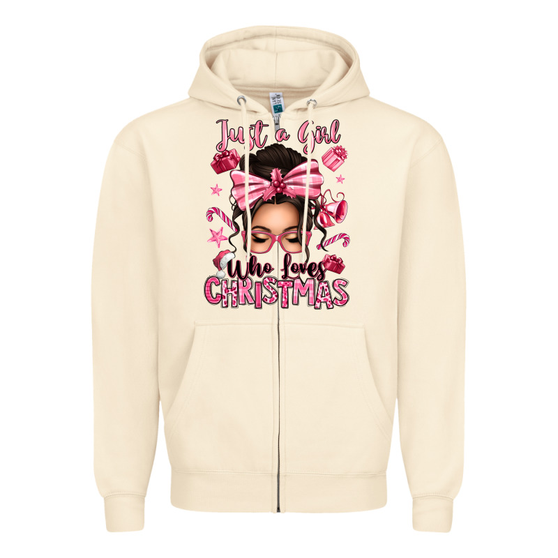 Just A Girl Who Loves Pink Christmas Messy Bun Zipper Hoodie by texasbilliewilder | Teevron