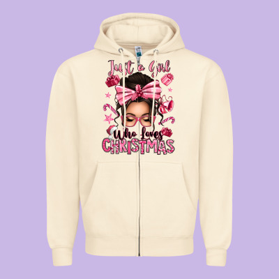 Just A Girl Who Loves Pink Christmas Messy Bun Zipper Hoodie Designed By Texasbilliewilder