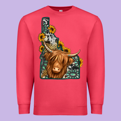 Idaho Map Long Haired Cow Premium Sweatshirt Designed By Jasminsmagicworld