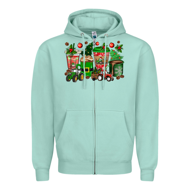 Christmas Tractor Coffee Cups Zipper Hoodie by texasbilliewilder | Teevron
