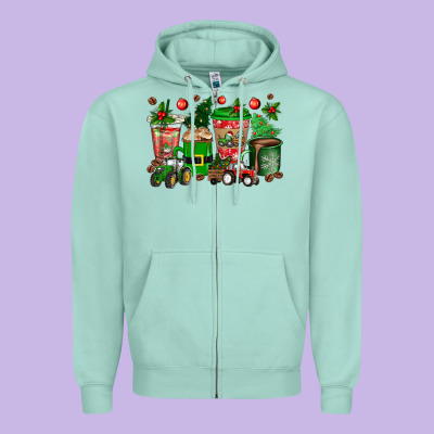 Christmas Tractor Coffee Cups Zipper Hoodie Designed By Texasbilliewilder