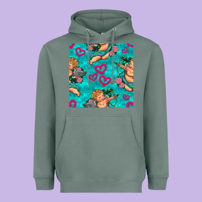 Valentines Day Cupid And Neon Heart Seamless Pattern Heavyweight Hoodie Designed By Bundleandbundleshop