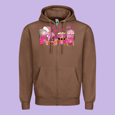 Pink Christmas Coffee Cups Zipper Hoodie Designed By Texasbilliewilder