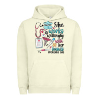 Pigment Pistachio she works willingly with her hands Urban Hoodie - MaliasSmallBusiness