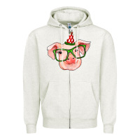 Oatmeal Heather pig christmas Zipper Hoodie - RanaPortraitStore