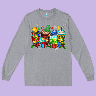 Autism Christmas Coffee Cups Long Sleeve Tee Designed By Zillion Design Studio