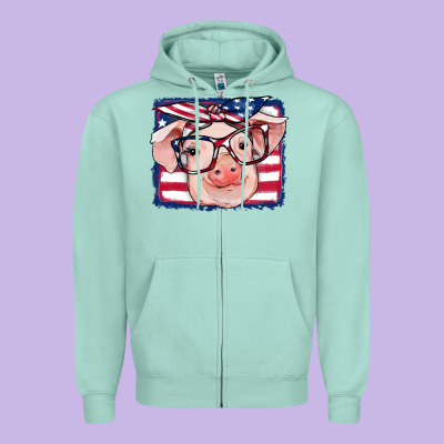 American Flag Pig Zipper Hoodie Designed By Ranaportraitstore