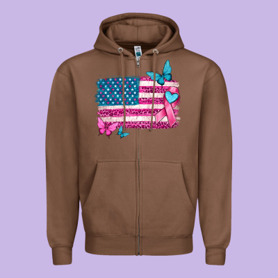 American Flag Breast Cancer With Ribbon Zipper Hoodie Designed By Texasbilliewilder