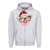 Heather Grey christmas pig with santa claus hat Zipper Hoodie - RanaPortraitStore