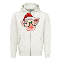Oatmeal Heather christmas pig with santa claus hat Zipper Hoodie - RanaPortraitStore