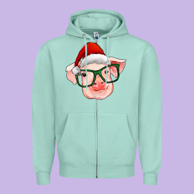 Christmas Pig With Santa Claus Hat Zipper Hoodie Designed By Ranaportraitstore
