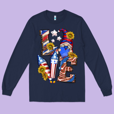 Long Sleeve Tee love 4th of july with gnome
