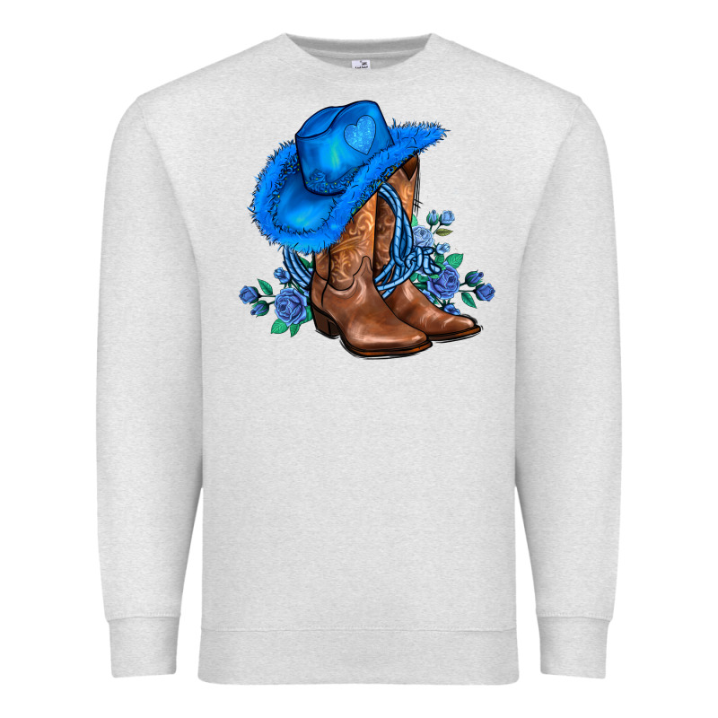 Valentines Day Blue Boots Cowgirl Hat And Roses Premium Sweatshirt by AdoDesignShop | Teevron