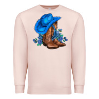 Pale Pink valentines day blue boots cowgirl hat and roses Premium Sweatshirt - AdoDesignShop
