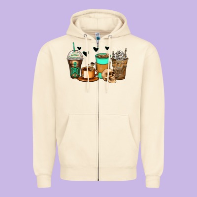 Skeleton Coffee Cups Zipper Hoodie Designed By Zillion Design Studio