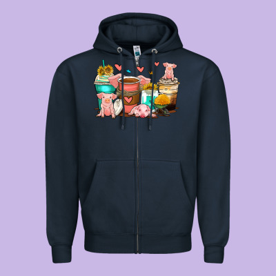 Pigs Coffee Cups Zipper Hoodie Designed By Zillion Design Studio
