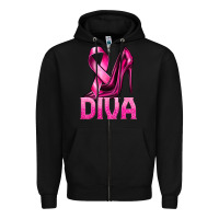 Black Breast Cancer Diva Ribbon and Heels Zipper Hoodie - texasbilliewilder