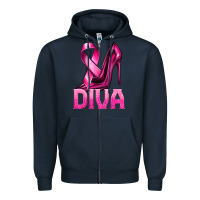 Navy Breast Cancer Diva Ribbon and Heels Zipper Hoodie - texasbilliewilder