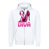 White Breast Cancer Diva Ribbon and Heels Zipper Hoodie - texasbilliewilder
