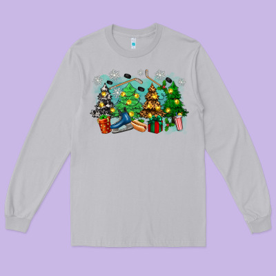 Christmas Trees With Hockey Long Sleeve Tee Designed By Zillion Design Studio