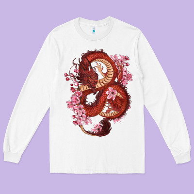 Long Sleeve Tee red dragon and sakura cherry blossoms